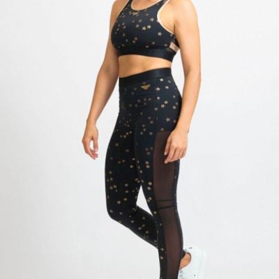 Eleven By Venus Williams Wonder Woman Legging Black Gold Stars Sheer Side Sz Med